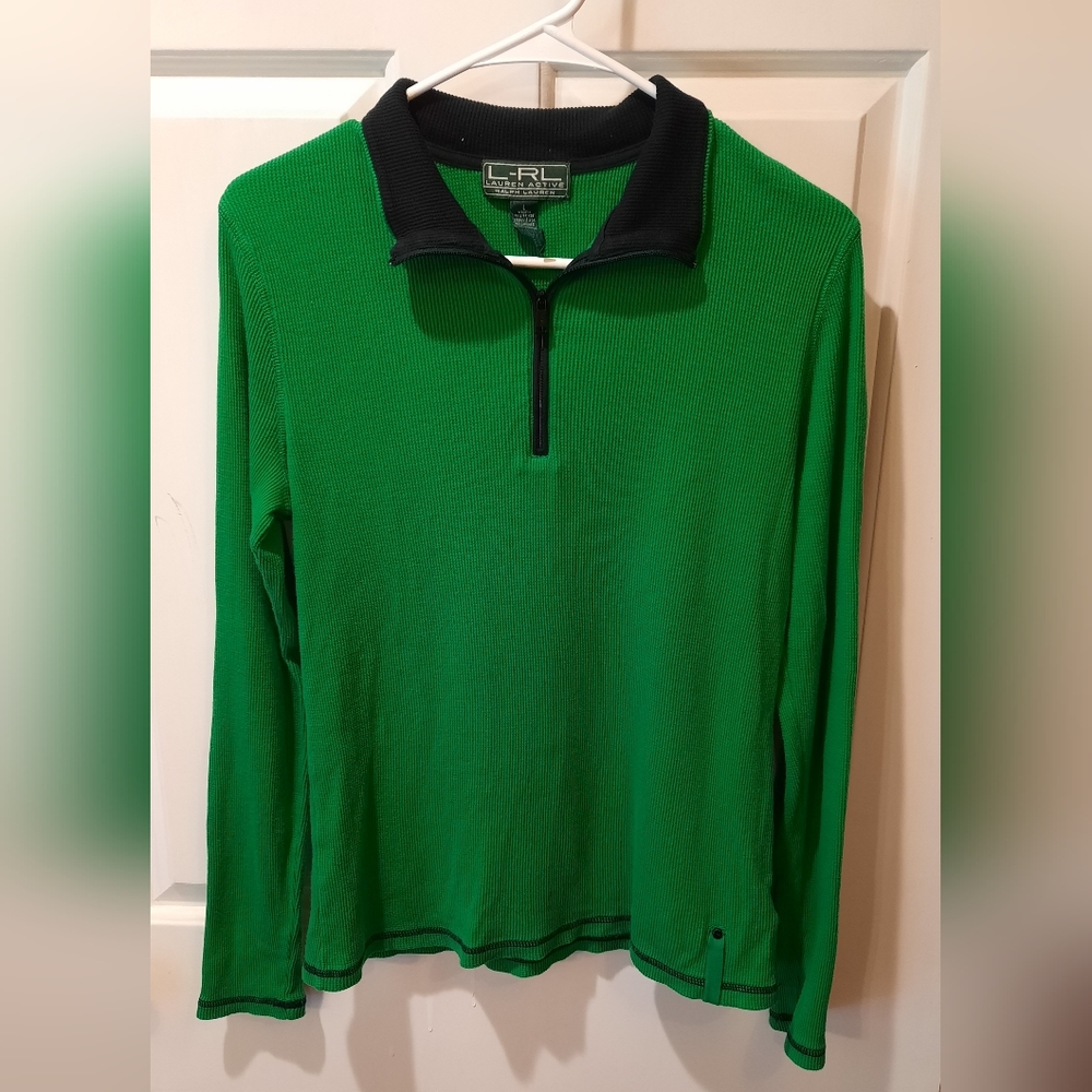 Lauren Active Ralph Lauren Top Large Green 1/4 Zip Lightweight Activewear Preppy - Picture 2 of 10